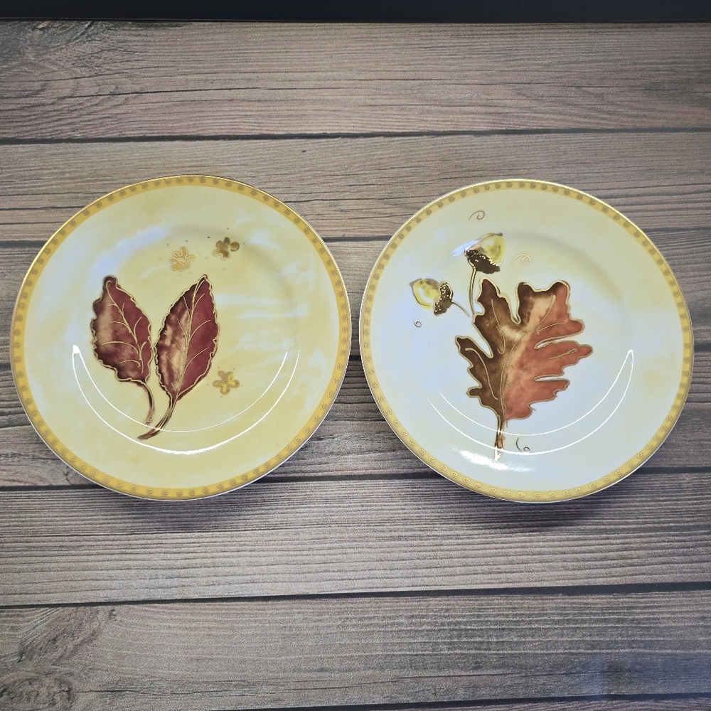Crate & Barrel AUTUMN LEAVES 8" Plate Set 2Pc Red Gold Trim Fall Harvest Acorns